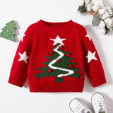 Baby Girl/Boy Red Christmas Tree and Star Print Long Sleeve Knit Sweater Coats
