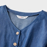 Family Matching Print Splicing Blue Denim Long Sleeve Midi Dress