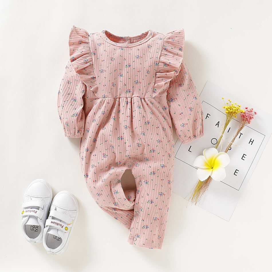 Baby Girl Ruffled Design Floral Allover Long-sleeve Jumpsuit Rompers