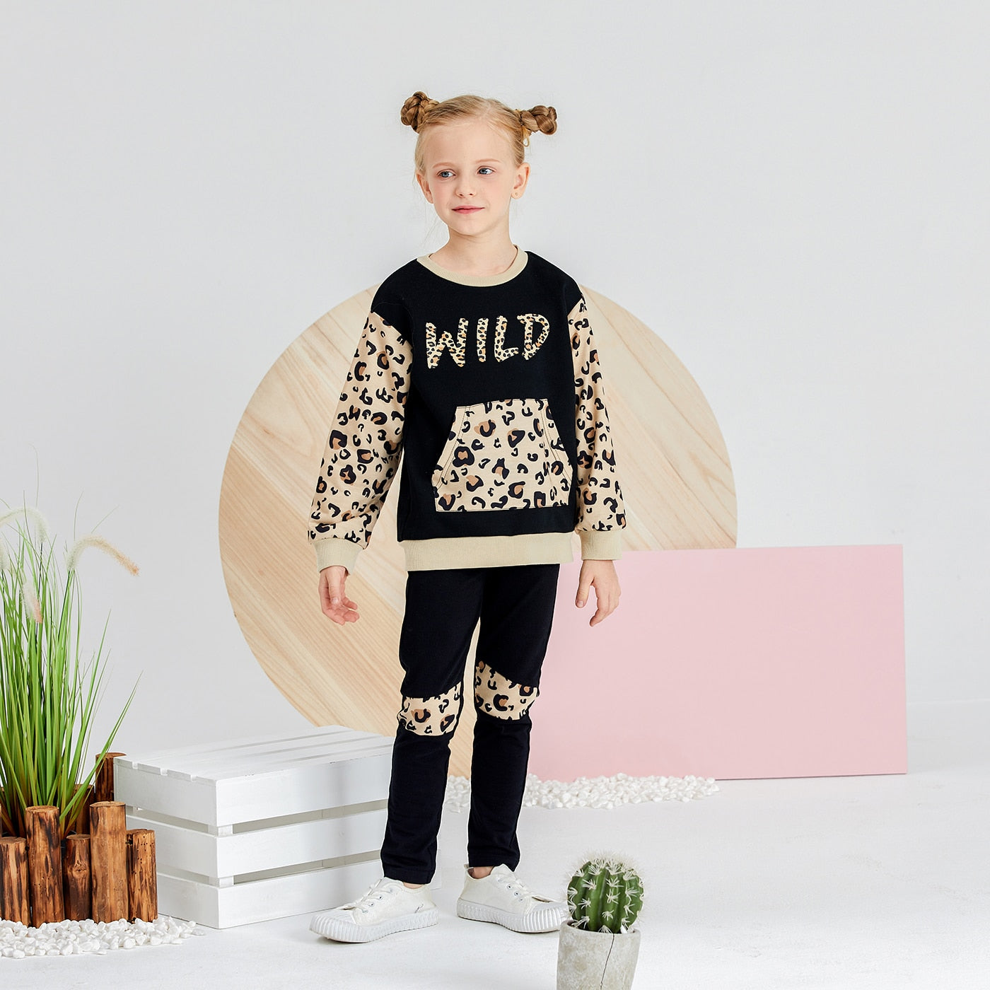 Kid Girl Autumn Winter Stylish Letter Leopard Print Girl Sets 2 Pcs