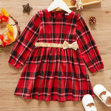 Kid Baby Girl Red Plaid Bowknot Design Long-sleeve Dress