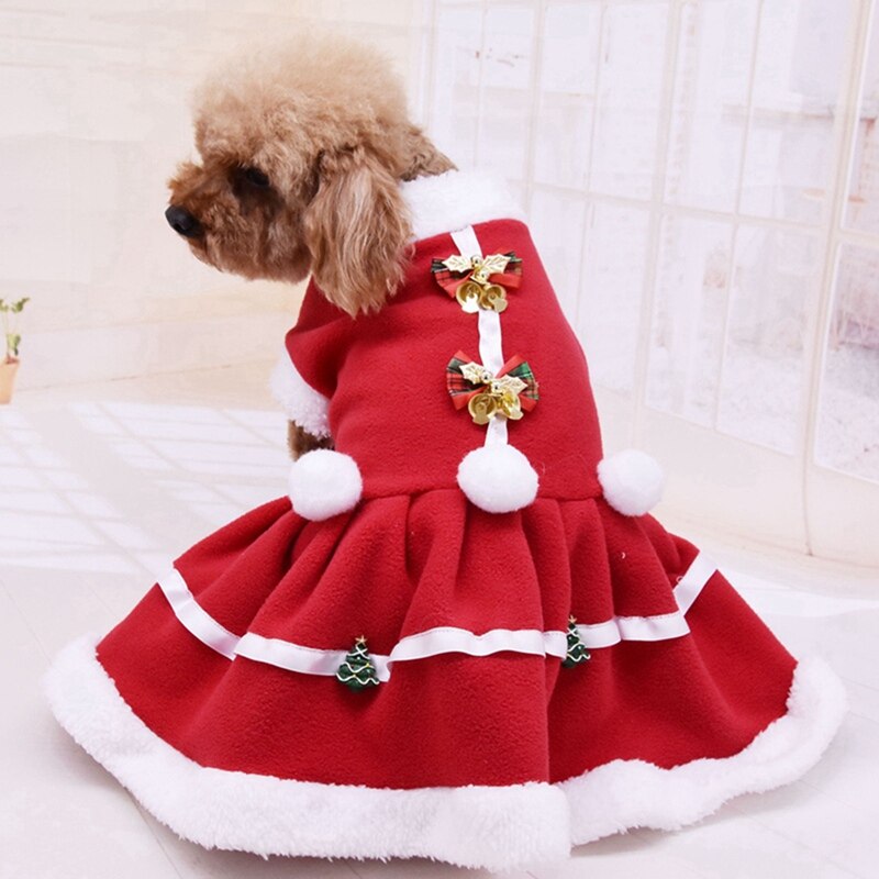 Pet Dog Warm Christmas Dress Lovely Red Bow Puppy Skirt