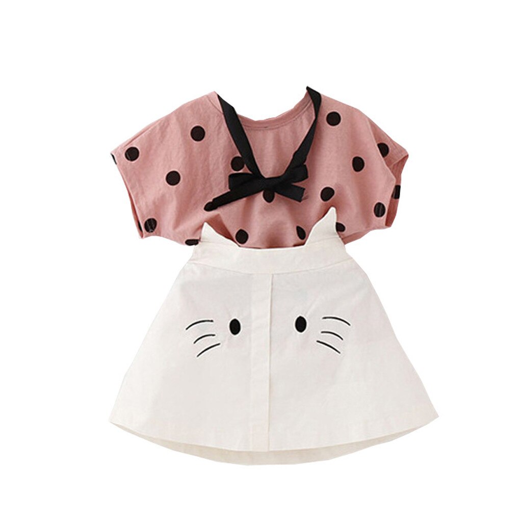 Kid Baby Girl Polka Dot Print Short Sleeve Mini Skirt 2 Pcs Sets
