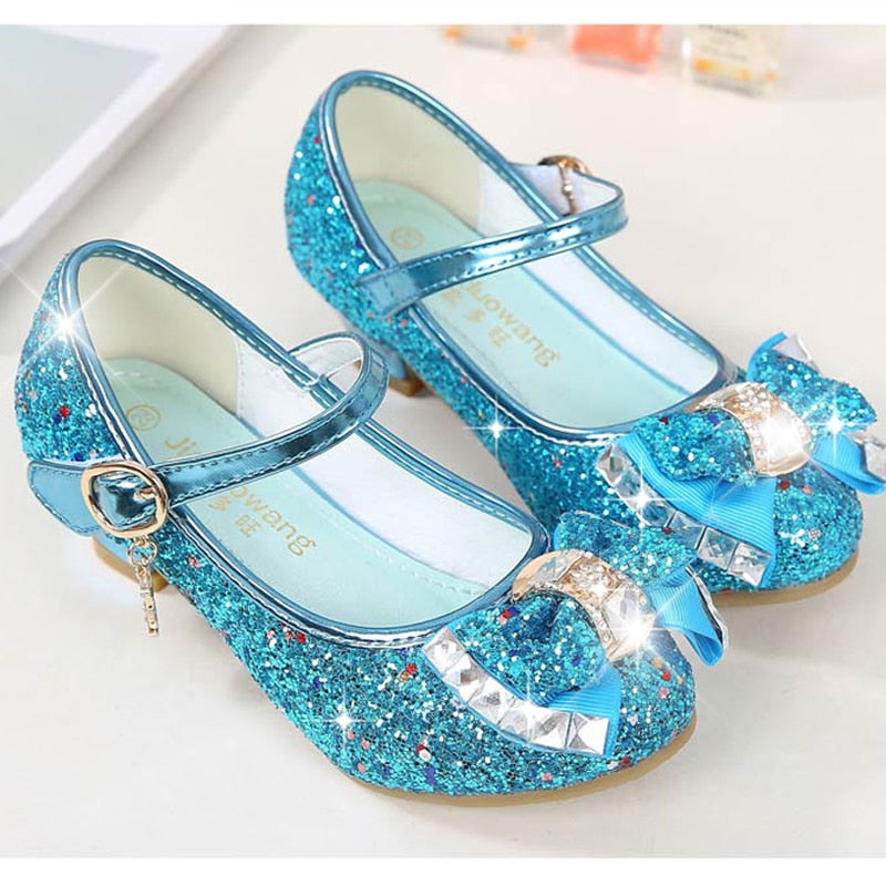 Girls Flower Casual Glitter High Heel Butterfly Knot Shoes