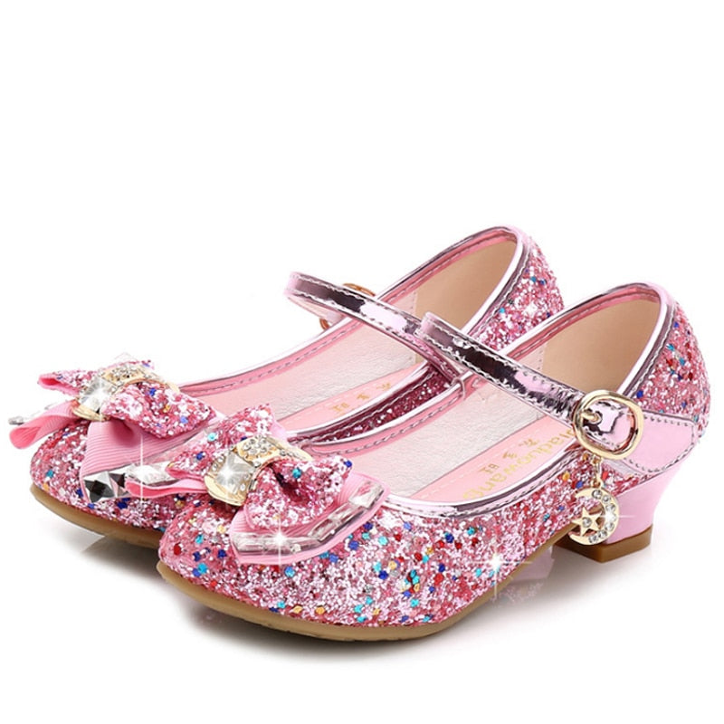 Girls Flower Casual Glitter High Heel Butterfly Knot Shoes