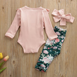 Baby Girl Solid Knitted Cotton Romper Tops Flower Print Set 2 Pcs