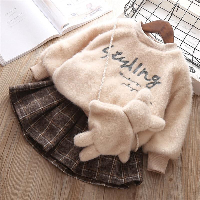 Winter Baby Girls Cute Plush Pullover+ Pleated Skirt Sets 2 Pcs 0-5 Years