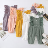 Baby Girl Cotton Linen Lace Bow Rompers +Headband
