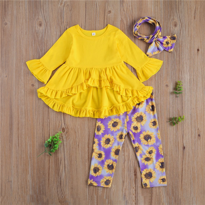 Kid Baby Girl Long Sleeve Solid Color Ruffle Sets 3 Pcs
