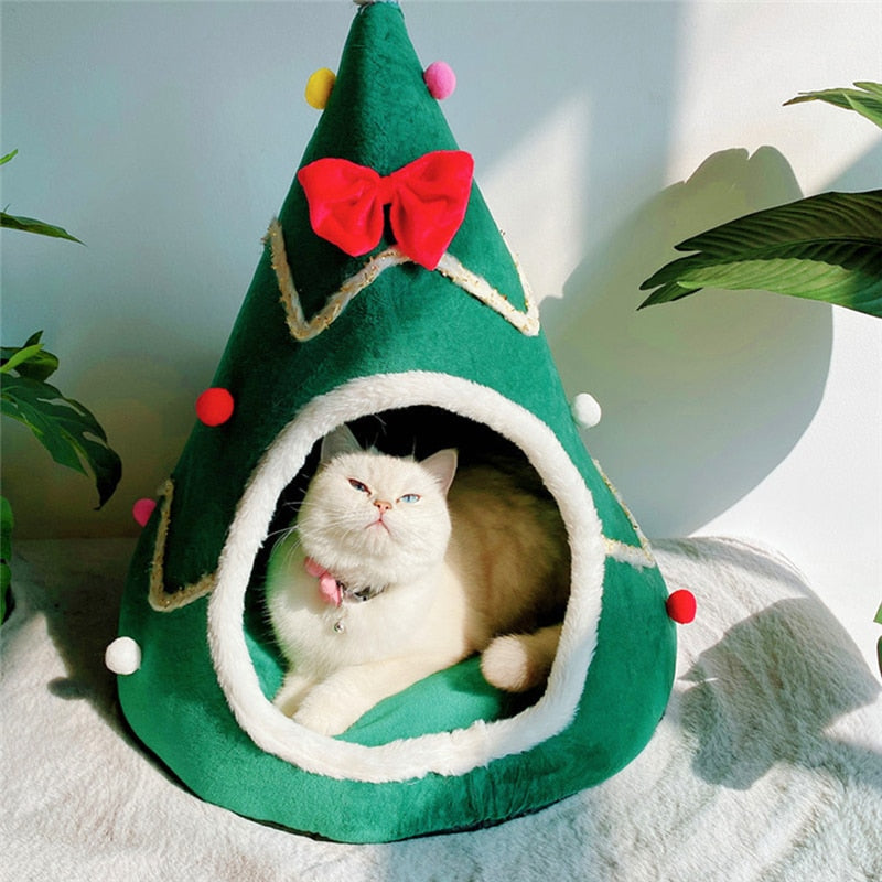 Pet Bed Christmas Hat Shape Cat Kennel House Soft Plush