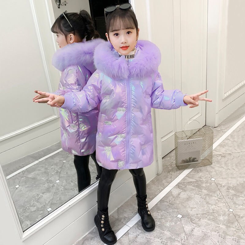 Winter Long Parka Silver Jacket Kid Girl Faux Fur Coat Snowsuit