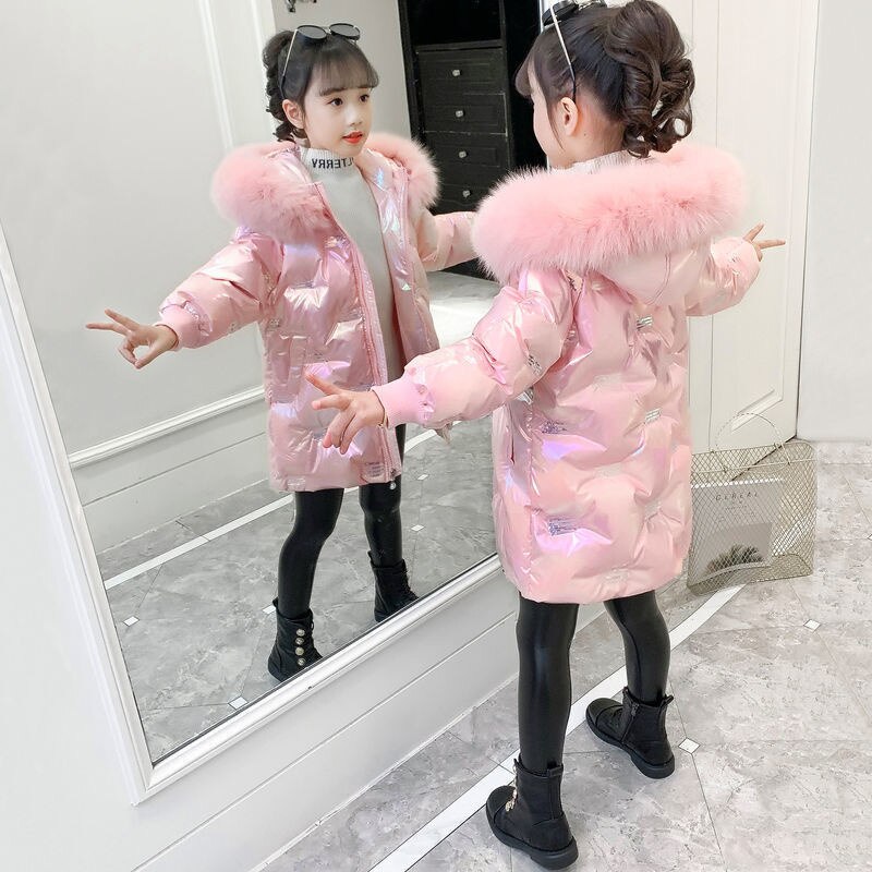 Winter Long Parka Silver Jacket Kid Girl Faux Fur Coat Snowsuit