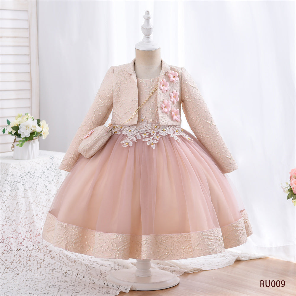 Kid Baby Girls Jacquard Pattern Tulle Patchwork 3D Appliques Birthday Dresses