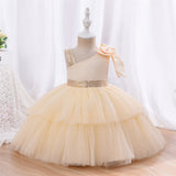 Kid Baby Girl Birthday Asymmetrical Shoulder Layers Tulle Cake Gown Dresses