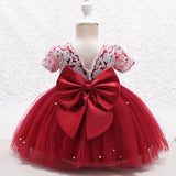 Baby Girls Short Sleeve Party Princess Spring Lace Pearls Dresses
