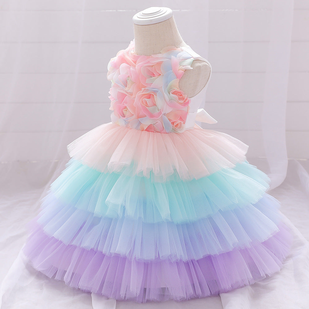 Kid Baby Girl Flower Layered Ball Gown Rainbow Princess Photography Dress