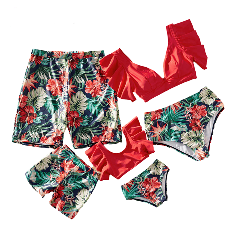 Summer Ruffle-Sleeve Floral Print Family Matching Swimsuits