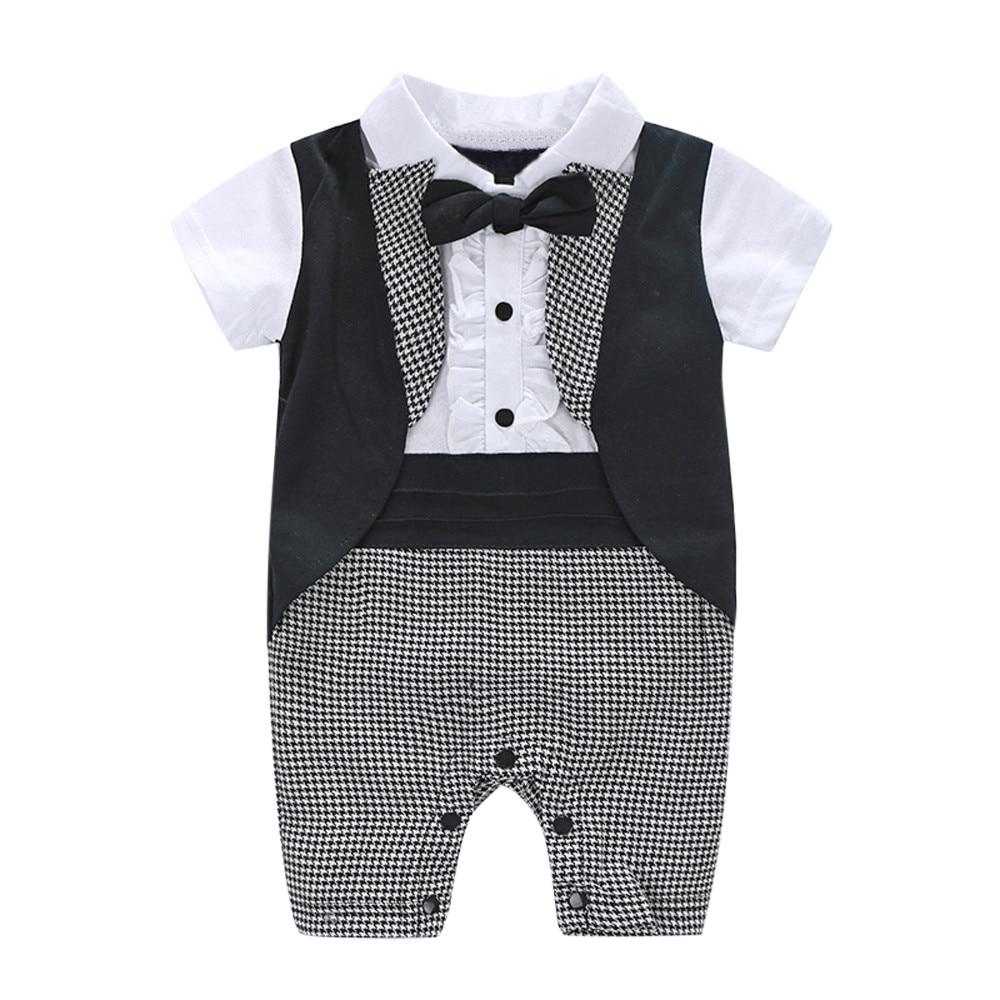 Toddler Baby Boys Gentleman Bowtie Plaid Jumpsuit Outfits - honeylives