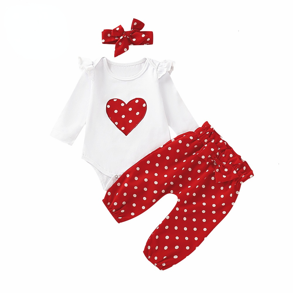 Newborn Baby Girls Set Long Sleeve Heart Print Valentine Sets 3 Pcs