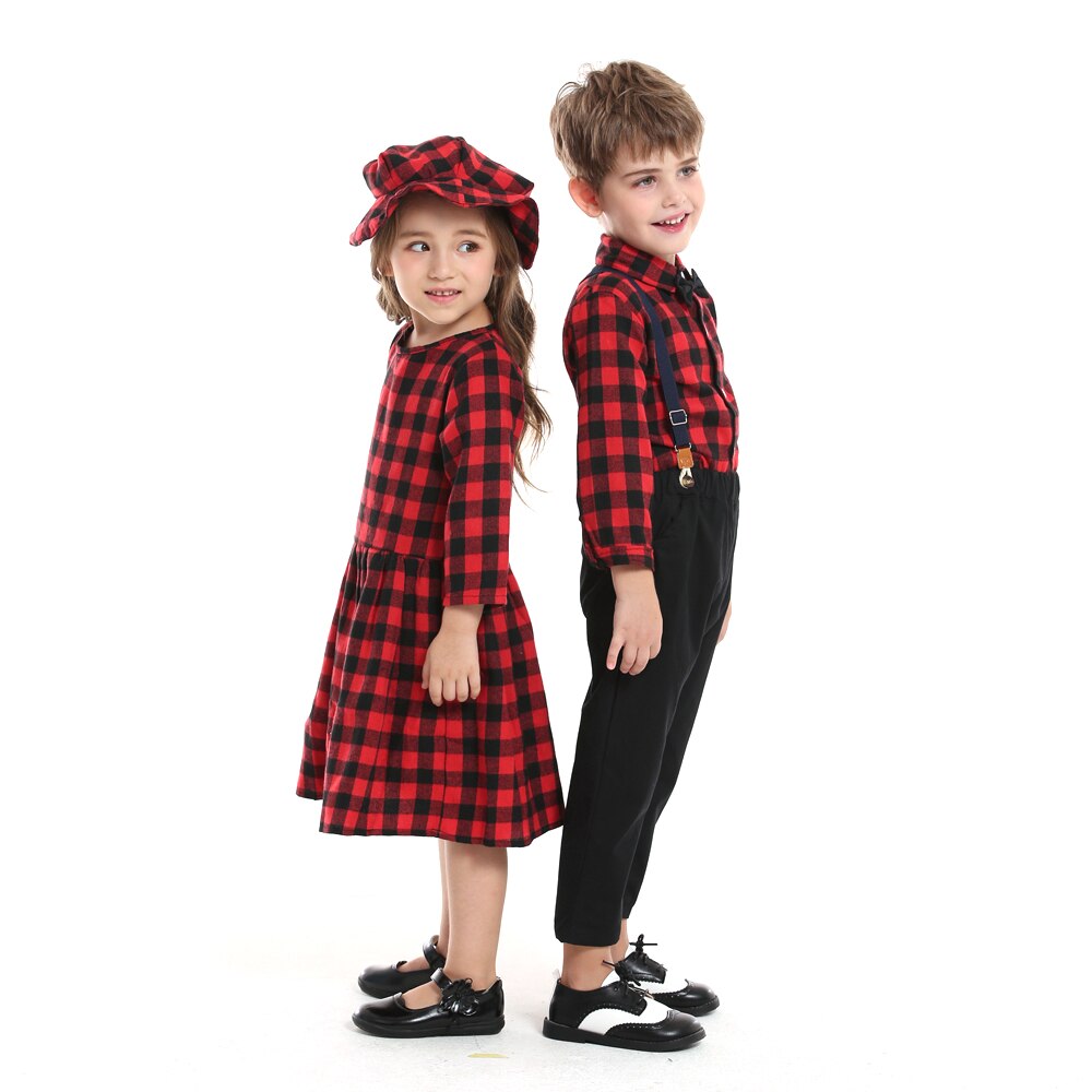 Autumn Winter Brother Sister Kid Baby Boy Girl Plaid Family Matching Sets 2 Pcs